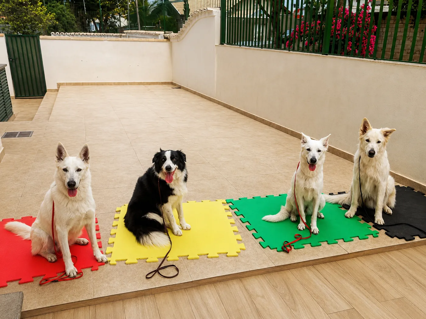 Famílias posando com seus labradores após aula de obediência
